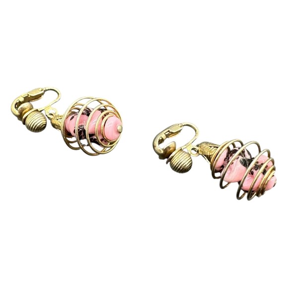 Vintage Cherry Blossom Jasper Gold Earrings Clip On Gold Stones in Cage - Picture 3 of 3